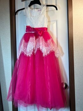 White Lace & Hot Pink Tulle Girls Dress